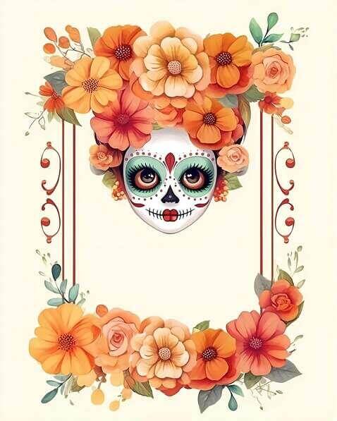 Download Day of the Dead Sugar Skull Frame with Orange Flowers ...