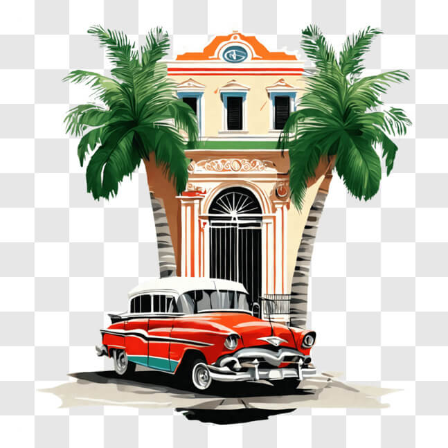 Download Vintage Car Parked in Front of Building with Palm Trees PNGs ...