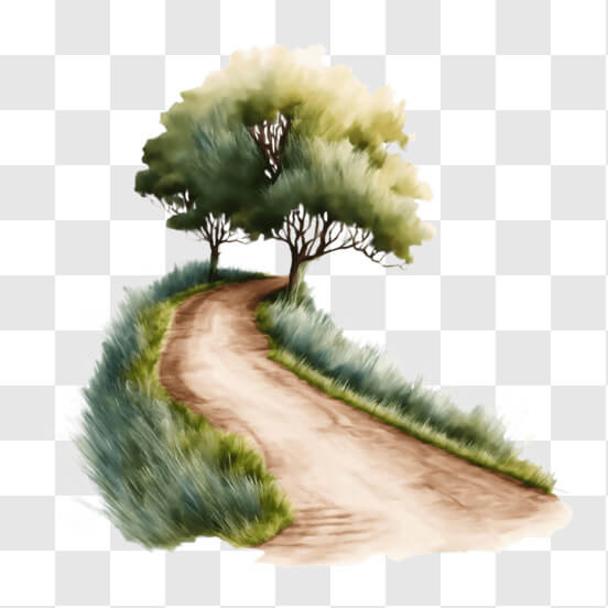 Idyllic Grassy Path with Trees in Watercolor Painting