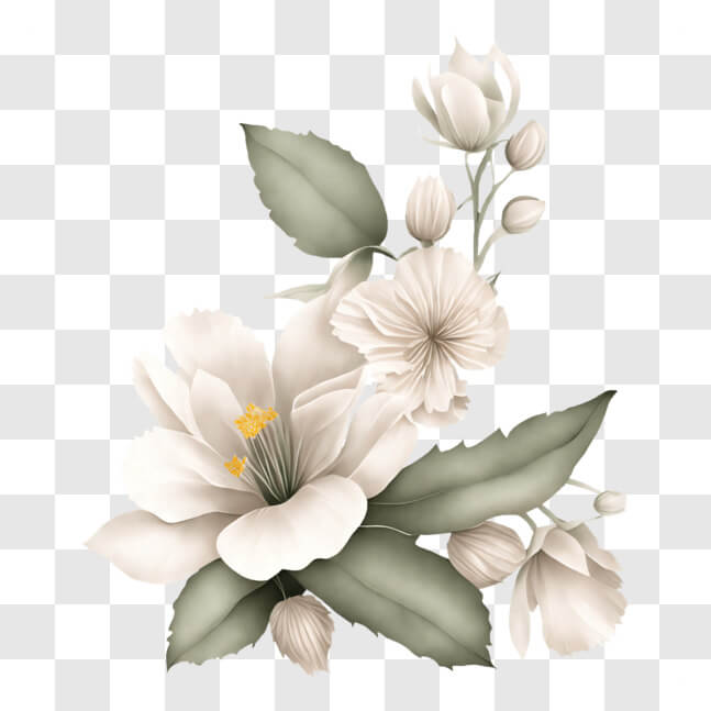 Download White Flower with Green Leaves Close-up PNGs Online - Creative ...