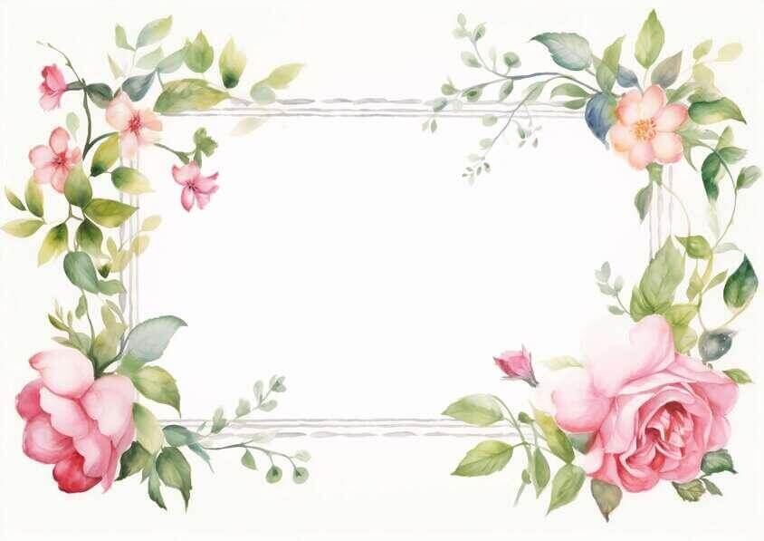 Download Watercolor Frame with Pink Roses and Green Leaves on White ...
