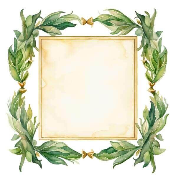 Download Watercolor Frame with Green Leaves and Gold Leaf on White ...