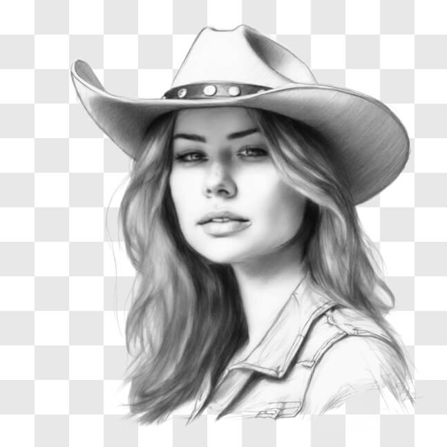 Download Black and White Drawing of a Young Woman in a Cowboy Hat ...