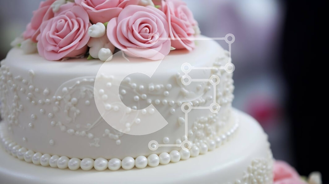 Download Three-Tiered White Cake with Pink Roses and Pearls Stockphotos ...