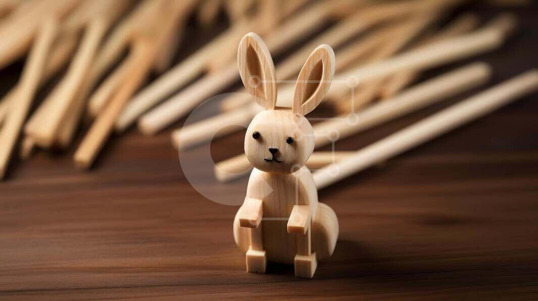 Adorable Wooden Bunny Toy and Chopsticks stock photo | Creative Fabrica