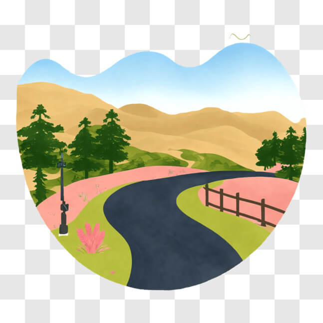 Scenic Cartoon Landscape with Winding Road PNG