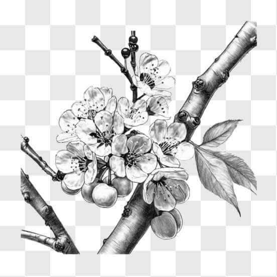 Download Black and White Drawing of Tree Branch with Flowers and Apples ...