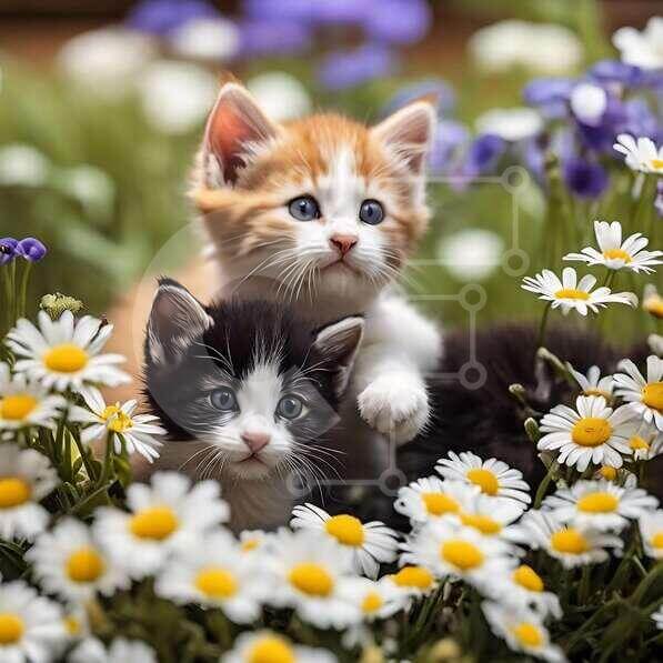 Adorable Kittens Play in a Field of Daisies and Flowers stock photo ...