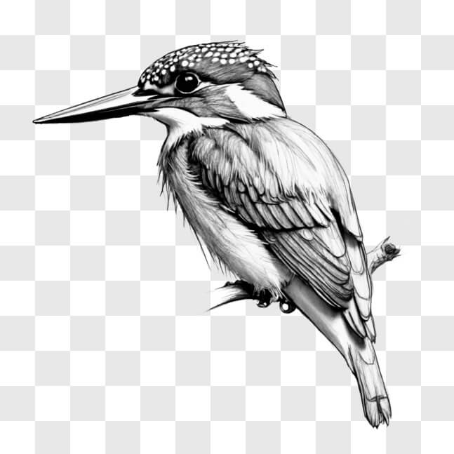 Download Black and White Drawing of Kingfisher Bird Perched on Branch ...