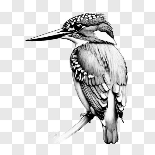 Download Black and White Drawing of Kingfisher Bird Perched on a Branch ...