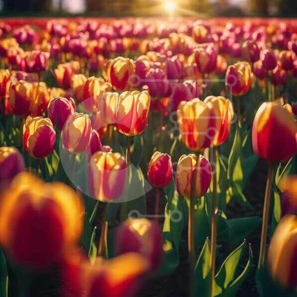 Vibrant Tulip Field at Sunset stock photo | Creative Fabrica