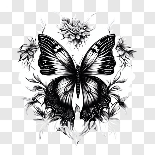 Download Black and White Butterfly with Flowers - Royalty Free Vector ...