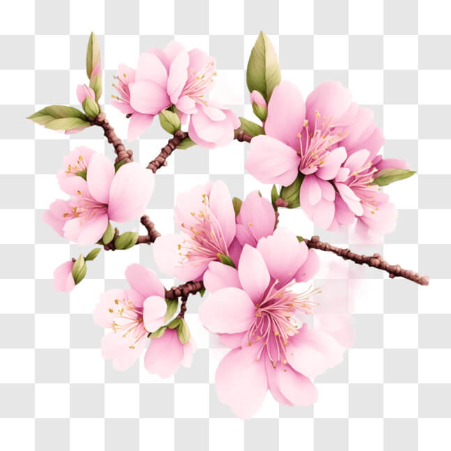 Download Pink Cherry Blossom Branch with Green Leaves and Flowers PNGs ...