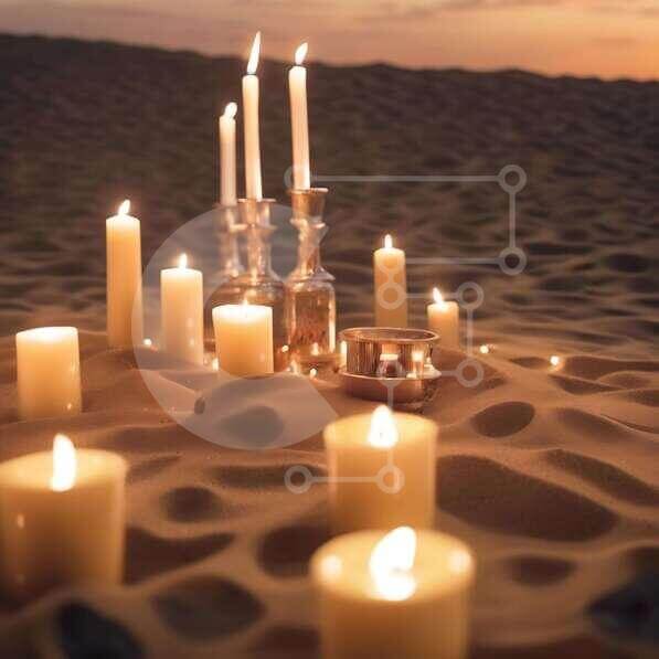 Beautiful Sunset Scene with Candles on the Beach stock photo Creative Fabrica