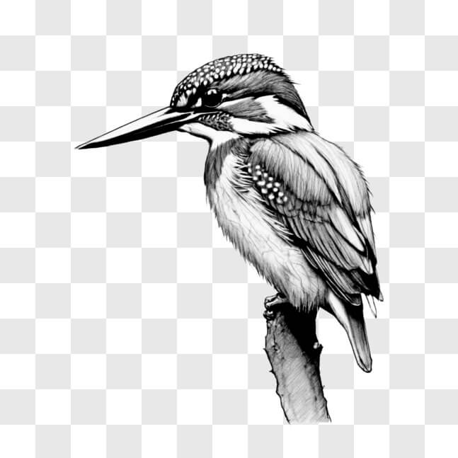 Download Black and White Drawing of Adult Kingfisher Bird Perched on ...