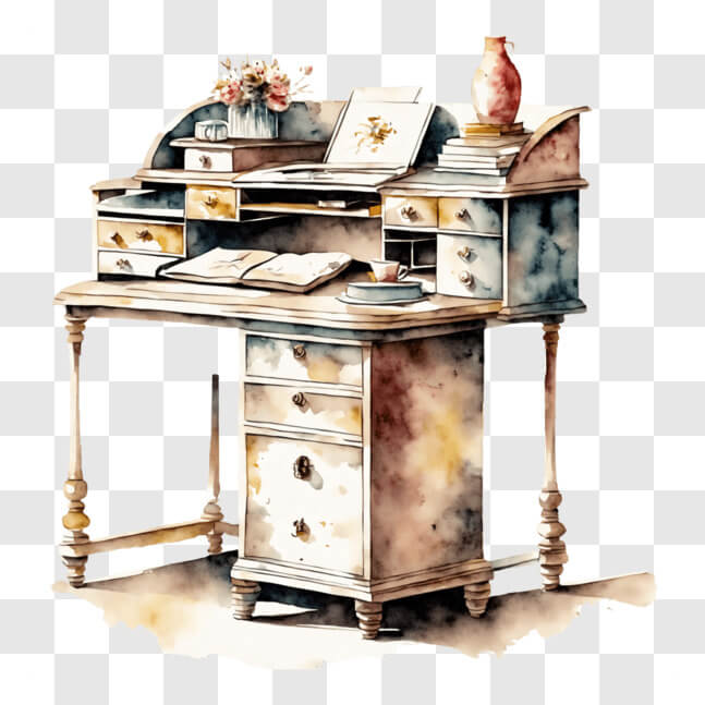 Download Watercolor Painting of Office Desk with Drawers and Shelves ...