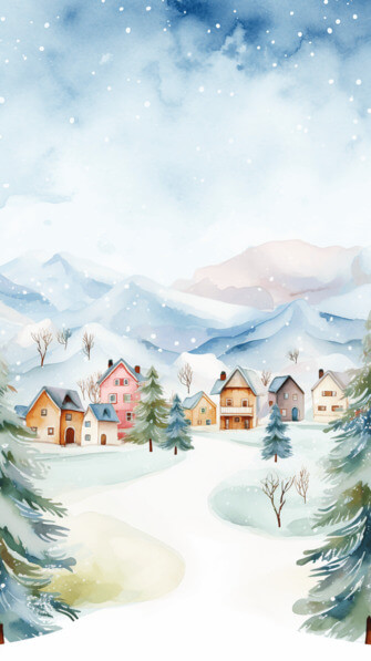 Download Scenic Winter Watercolor Painting with Cottages and Pine Trees ...