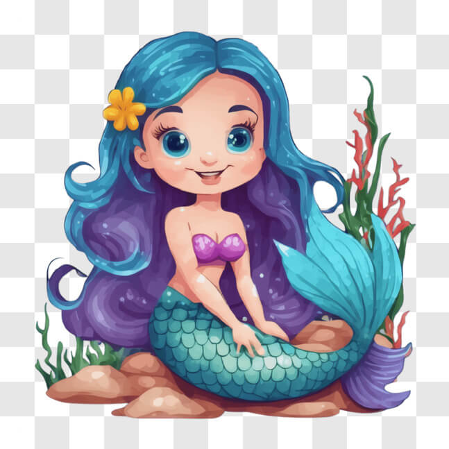 Descarga Ilustración de Sirena de Dibujos Animados Sentada en Rocas con ...