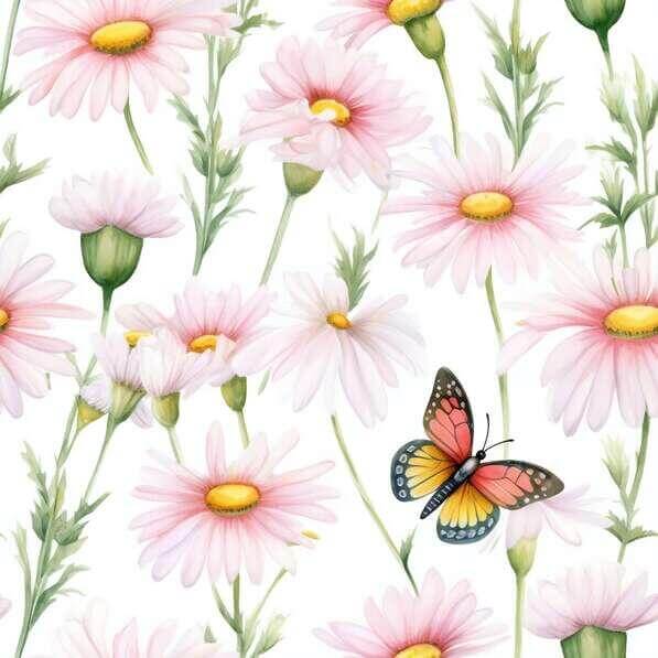 Download Watercolor Pink Daisy and Butterfly Seamless Pattern Patterns ...