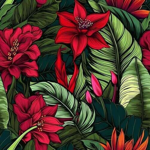 Tropical Flowers and Leaves Seamless Pattern on Dark Background Tropical Flowers and Leaves Seamless Pattern on Dark Background thumbnail
