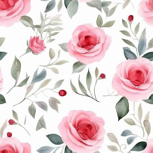 Seamless Pink Rose Pattern with Green Leaves and Berries Seamless Pink Rose Pattern with Green Leaves and Berries thumbnail