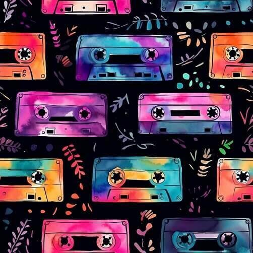 Colorful Cassette Tape Seamless Pattern on Black Background Colorful Cassette Tape Seamless Pattern on Black Background thumbnail