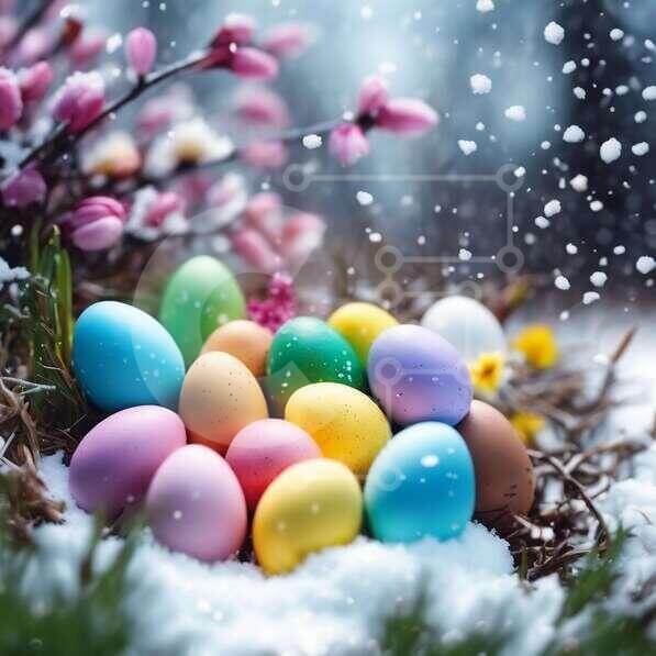 Spring Easter Snow Celebrating Spring with Colorful Easter Eggs and Flowers stock photo ...