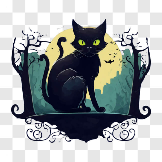 Download Black Cat in Front of Full Moon with Bats and Trees Cartoons ...