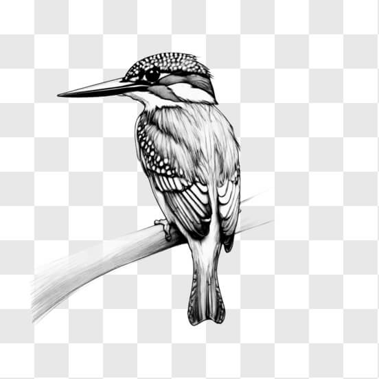 Download Black and White Drawing of a Kingfisher Perched on an Oak Tree ...