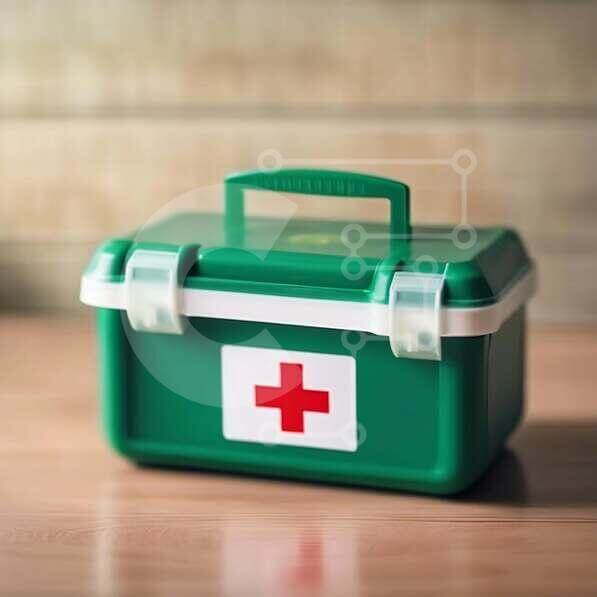 Green First Aid Box on Oak Wooden Table stock photo | Creative Fabrica