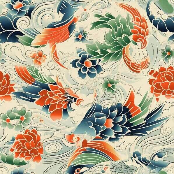 Download Colorful Oriental-Inspired Seamless Pattern of Birds, Flowers ...