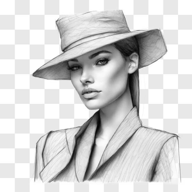 Download Black and White Fashion Drawing of Elegant Woman with Hat ...