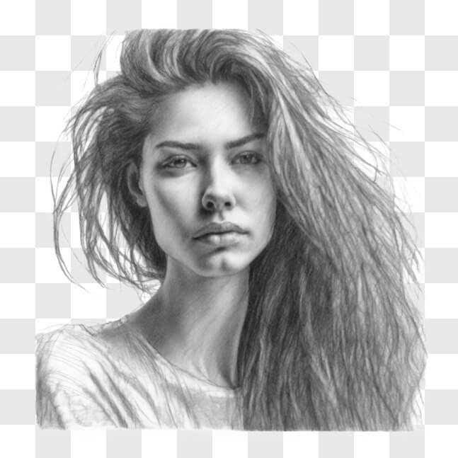 Download Black and White Portrait Drawing of a Woman with Flowing Hair ...