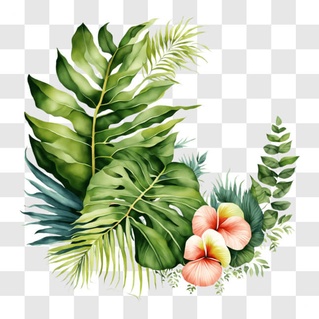 Download Colorful Tropical Plants and Flowers Illustration PNG Online ...