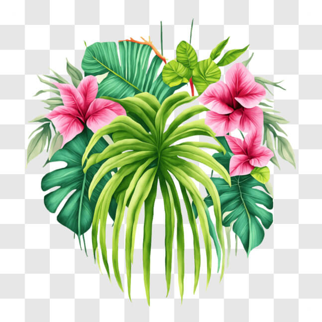 Download Tropical Floral Heart Arrangement with Pink Flowers and Palm ...
