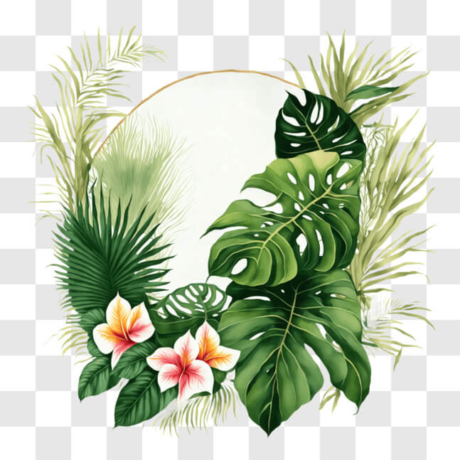 Download Tropical Leaves and Flowers Circular Frame PNG Online ...