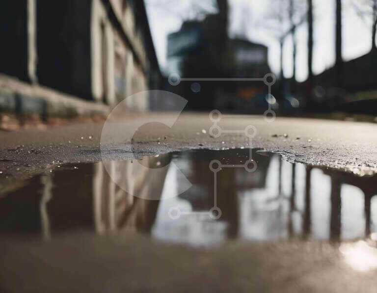Puddle in Urban Setting with Buildings stock photo | Creative Fabrica
