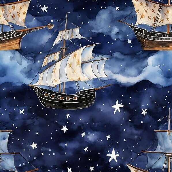 Download Sailing ships in the night sky seamless pattern with stars and ...
