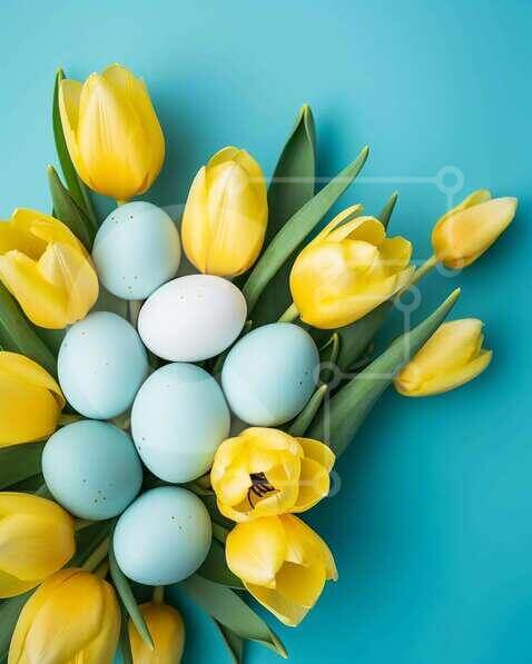 Easter Holiday Bouquet with Yellow Tulips and White Eggs stock photo ...