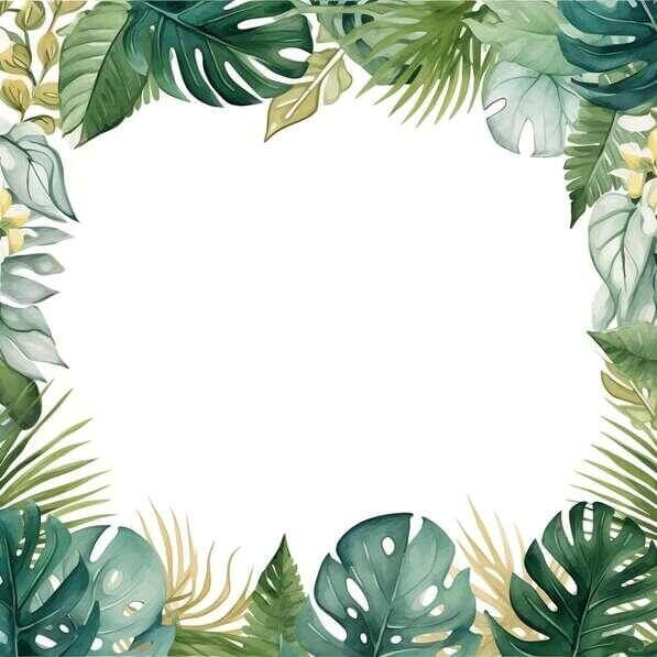 Download Tropical Leaves and Flowers Watercolor Frame on White ...