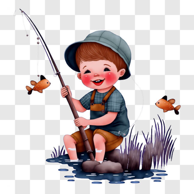 Download Young Boy Fishing with Fishing Rod PNGs Online - Creative Fabrica
