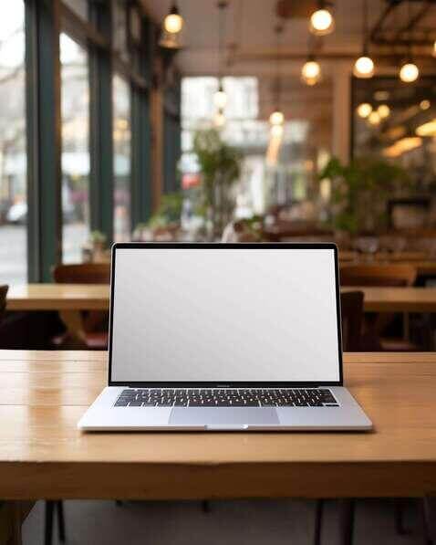 Download Open Laptop on Wooden Table in Restaurant Mockups Online ...