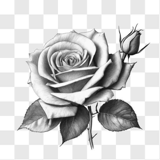 Download Black and White Drawing of a Rose with Two Leaves Sketches ...