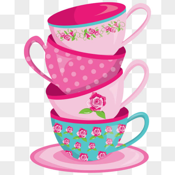 Download Floral Patterned Tea Cups and Saucers Stacked in a Beautiful ...