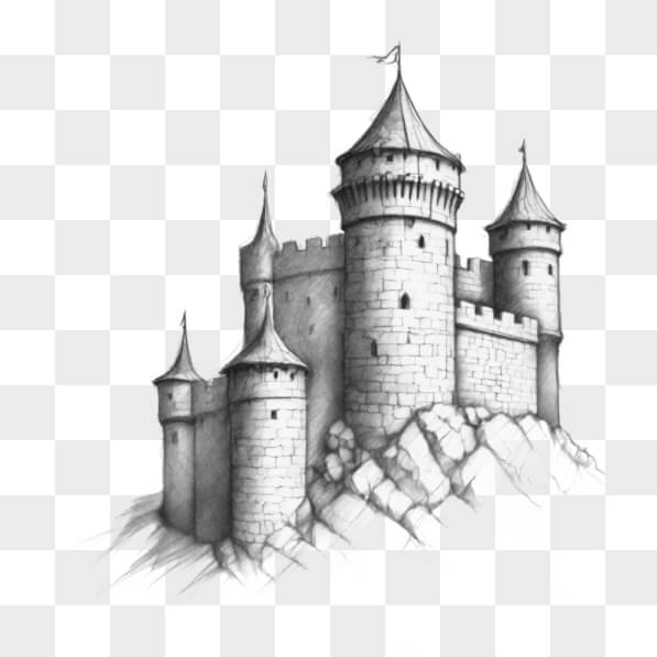 Download Black and White Drawing of an Old Castle with Towers on Top of ...