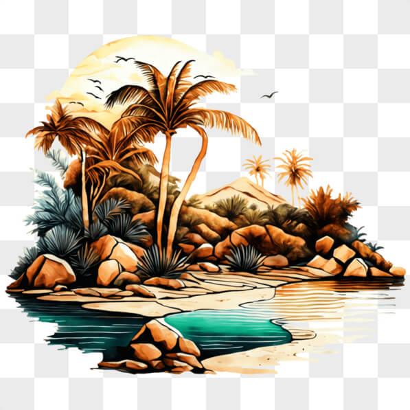 Download Tropical Island with Palm Trees, Rocks, and Ocean PNGs Online ...