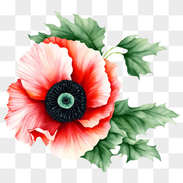 Download Red Poppy Flower with Green Leaves on Black Background PNGs ...
