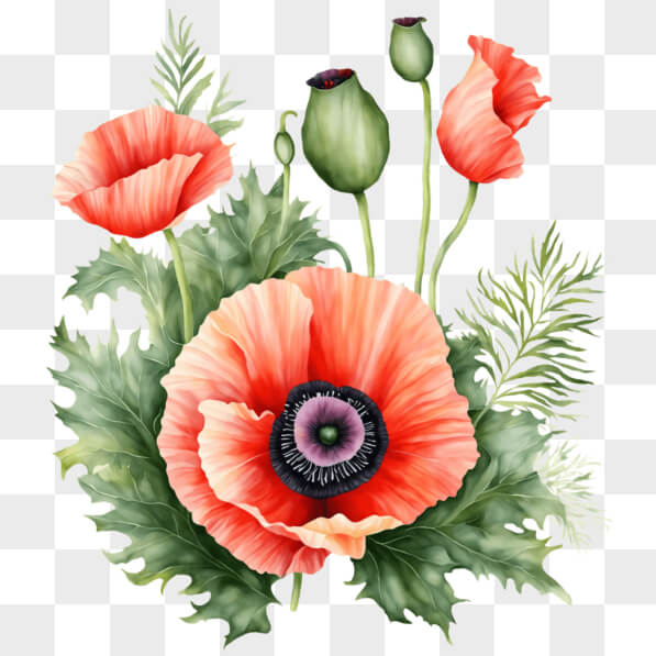 Download Red Poppies and Green Leaves Arrangement PNGs Online ...