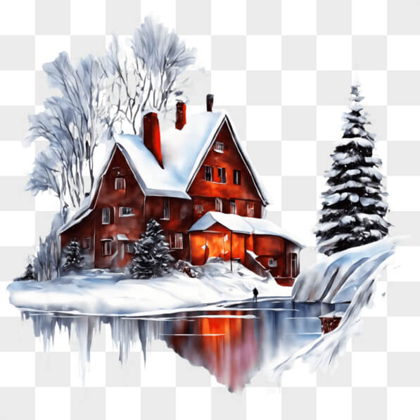 Download Red House in Winter with Icy Lake and Snowy Trees PNGs Online ...