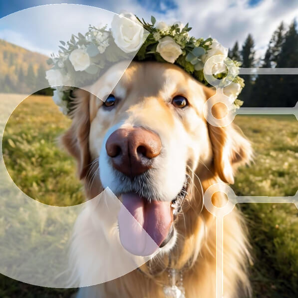 Smiling Golden Retriever Dog with Flowers stock photo | Creative Fabrica